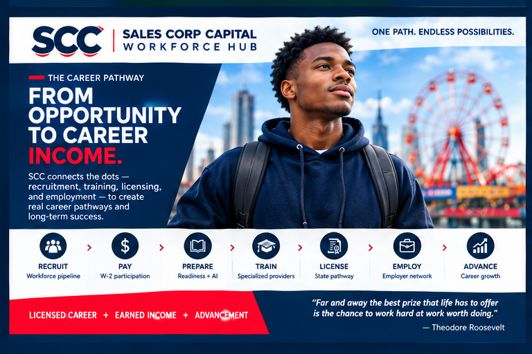 SCC career pathway from recruitment and paid participation through licensing, employment, and advancement